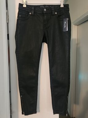 Miss Me Jeans W29" 27 Shiny Black Mid Rise Skinny Crop Stretch Zipped Hem Denim
